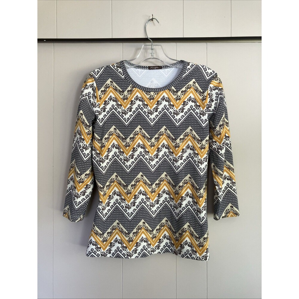 J. McLaughlin Geometric Chevron Top 3/4 Sleeve Black Yellow Stretch Small EUC